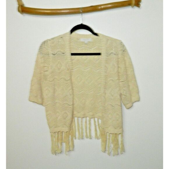 Pinque Sweaters - Pinque Cardigan Sweater Size Large Oatmeal Beige Cropped Knit Open Front Fringe